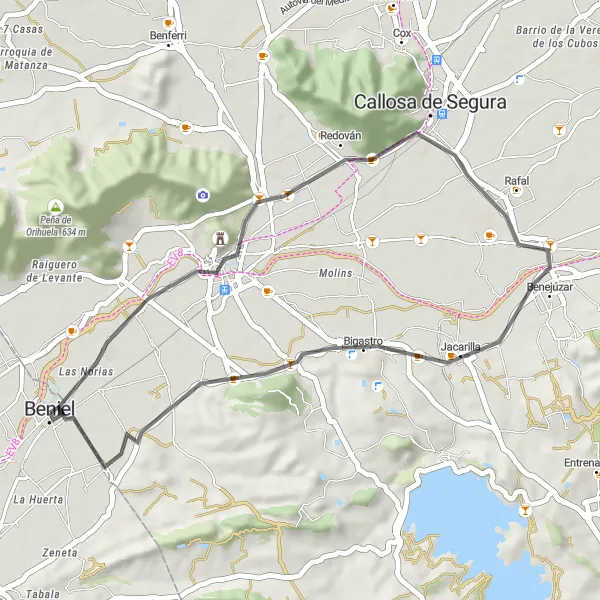 Map miniature of "Scenic Road Cycling Tour Along the Historic Route" cycling inspiration in Región de Murcia, Spain. Generated by Tarmacs.app cycling route planner