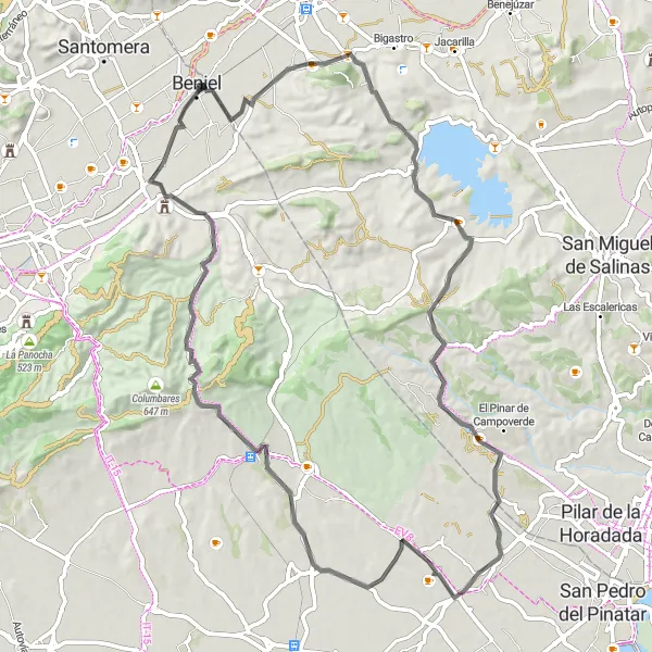 Map miniature of "Challenging Road Cycling Route Through Rural Surroundings" cycling inspiration in Región de Murcia, Spain. Generated by Tarmacs.app cycling route planner