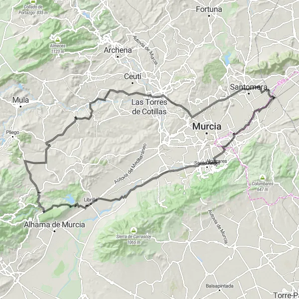 Map miniature of "The Ultimate Road Cycling Adventure in Murcia" cycling inspiration in Región de Murcia, Spain. Generated by Tarmacs.app cycling route planner