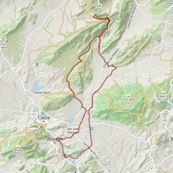 Miniature de la carte de l'inspiration cycliste "Exploration de Castillo de Blanca et Casablanca" dans la Región de Murcia, Spain. Générée par le planificateur d'itinéraire cycliste Tarmacs.app