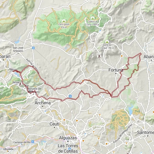 Miniaturní mapa "Gravelová expedice do Ule'i a Mahoye" inspirace pro cyklisty v oblasti Región de Murcia, Spain. Vytvořeno pomocí plánovače tras Tarmacs.app