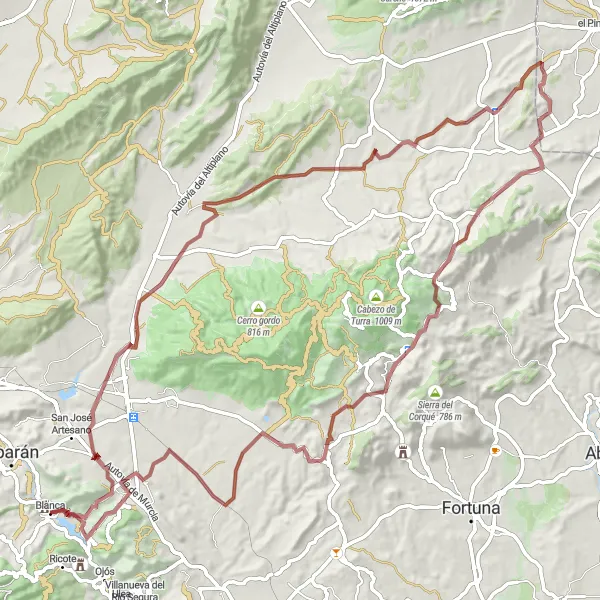 Miniature de la carte de l'inspiration cycliste "Aventure Gravel à Blanca" dans la Región de Murcia, Spain. Générée par le planificateur d'itinéraire cycliste Tarmacs.app