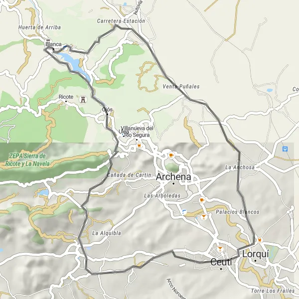 Miniatura mapy "Wzniesienia i zjazdy wokół Blanca" - trasy rowerowej w Región de Murcia, Spain. Wygenerowane przez planer tras rowerowych Tarmacs.app