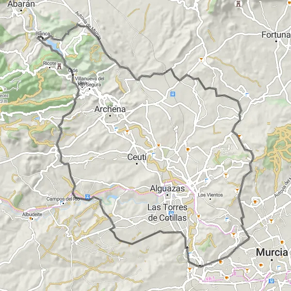 Miniatura della mappa di ispirazione al ciclismo "Circuito da Blanca a Guadalupe de Maciascoque" nella regione di Región de Murcia, Spain. Generata da Tarmacs.app, pianificatore di rotte ciclistiche