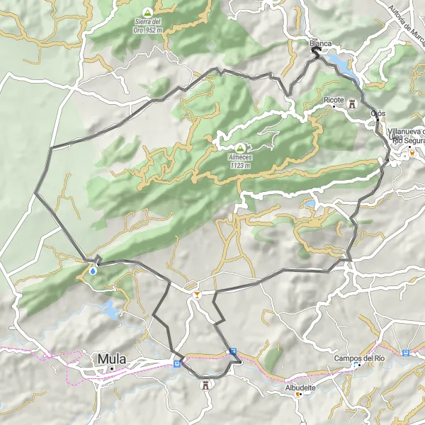 Miniatura mapy "Trasa Szosowa Alto de Bayna-Ojós-Castillo de Alcalá" - trasy rowerowej w Región de Murcia, Spain. Wygenerowane przez planer tras rowerowych Tarmacs.app