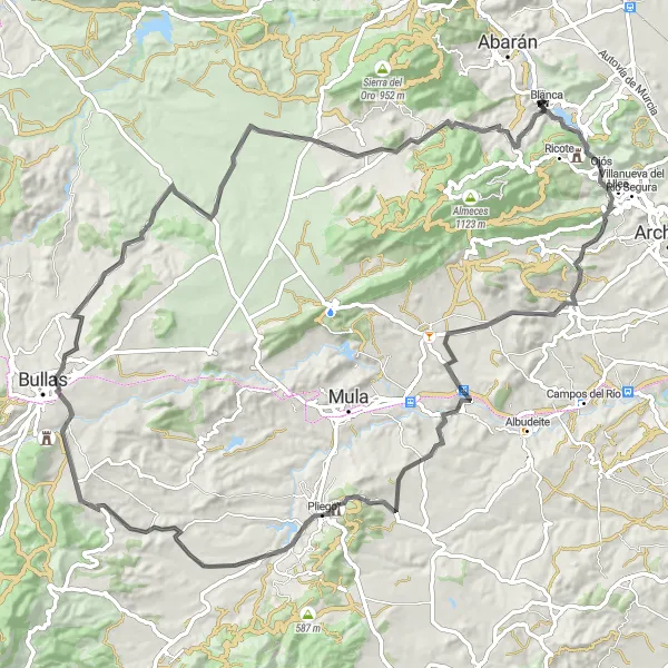 Miniatua del mapa de inspiración ciclista "Desafío en las Montañas de Pliego" en Región de Murcia, Spain. Generado por Tarmacs.app planificador de rutas ciclistas