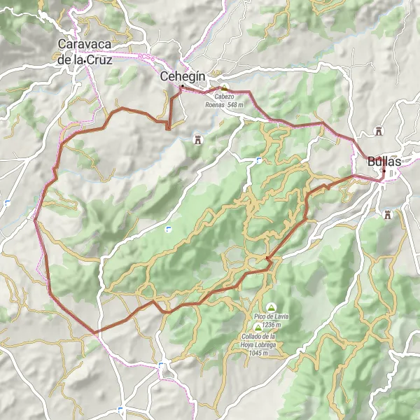 Miniature de la carte de l'inspiration cycliste "L'aventure Gravel de Bullas" dans la Región de Murcia, Spain. Générée par le planificateur d'itinéraire cycliste Tarmacs.app