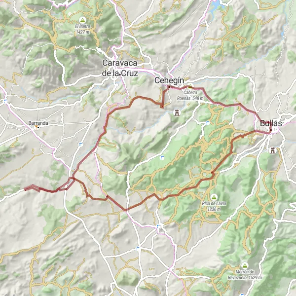 Miniatura della mappa di ispirazione al ciclismo "Giro in bicicletta attraverso le colline intorno a Bullas" nella regione di Región de Murcia, Spain. Generata da Tarmacs.app, pianificatore di rotte ciclistiche