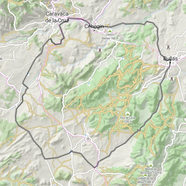 Miniature de la carte de l'inspiration cycliste "Aventure Routière de Bullas à Cehegín" dans la Región de Murcia, Spain. Générée par le planificateur d'itinéraire cycliste Tarmacs.app
