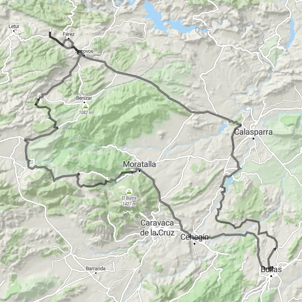 Miniature de la carte de l'inspiration cycliste "Défi Routier de Bullas à Valentín" dans la Región de Murcia, Spain. Générée par le planificateur d'itinéraire cycliste Tarmacs.app