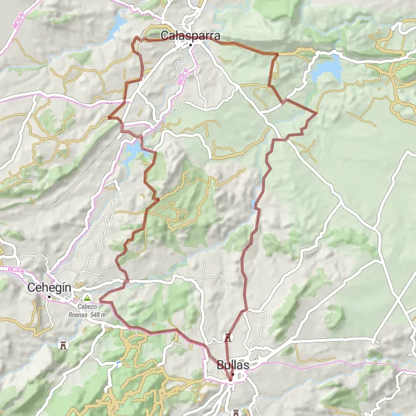 Miniatura della mappa di ispirazione al ciclismo "Gravel Route: Calasparra Loop" nella regione di Región de Murcia, Spain. Generata da Tarmacs.app, pianificatore di rotte ciclistiche