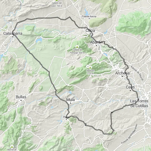 Miniature de la carte de l'inspiration cycliste "Route autour de Cieza et Alguazas" dans la Región de Murcia, Spain. Générée par le planificateur d'itinéraire cycliste Tarmacs.app