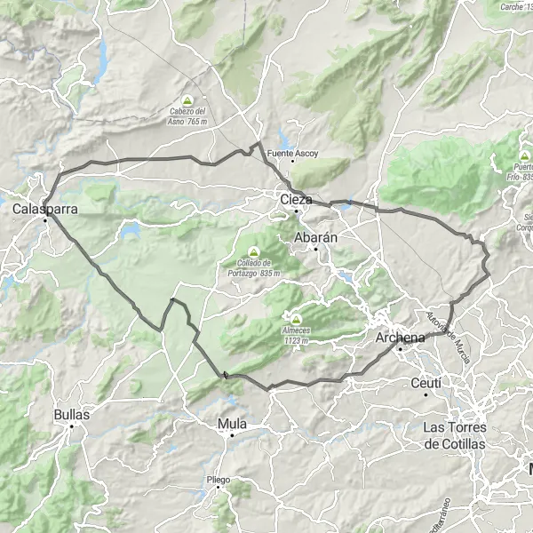 Miniatua del mapa de inspiración ciclista "Ruta en bicicleta de carretera a través de hermosos paisajes cerca de Calasparra" en Región de Murcia, Spain. Generado por Tarmacs.app planificador de rutas ciclistas