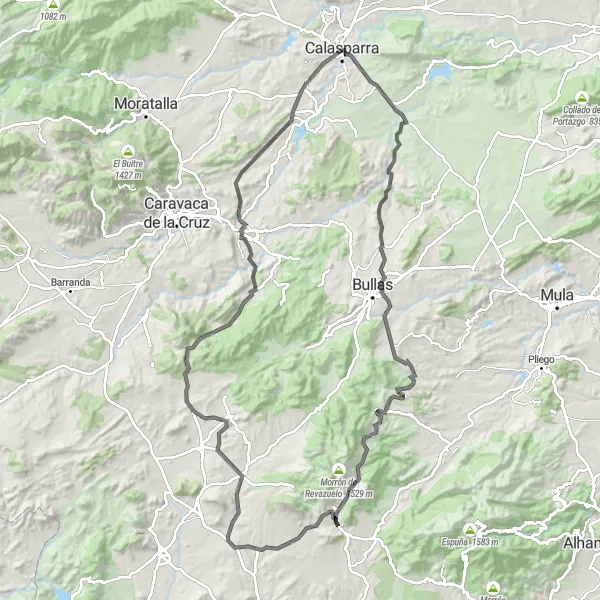 Miniaturní mapa "Cestování po silnici okolo Calasparra" inspirace pro cyklisty v oblasti Región de Murcia, Spain. Vytvořeno pomocí plánovače tras Tarmacs.app