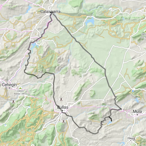 Miniatura della mappa di ispirazione al ciclismo "Tour in bicicletta tra Bullas e Calasparra" nella regione di Región de Murcia, Spain. Generata da Tarmacs.app, pianificatore di rotte ciclistiche