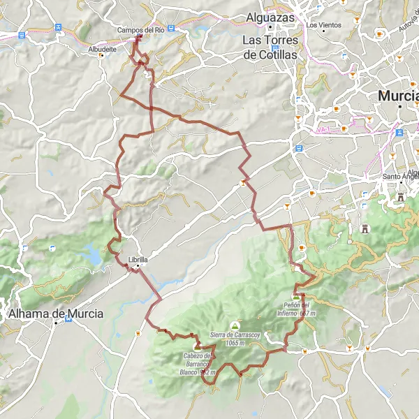 Miniature de la carte de l'inspiration cycliste "Itinéraire Gravel Campos del Río - Mirador du Río Mula" dans la Región de Murcia, Spain. Générée par le planificateur d'itinéraire cycliste Tarmacs.app