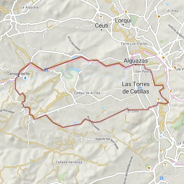 Miniatura della mappa di ispirazione al ciclismo "Breve percorso in bicicletta tra paesaggi suggestivi" nella regione di Región de Murcia, Spain. Generata da Tarmacs.app, pianificatore di rotte ciclistiche