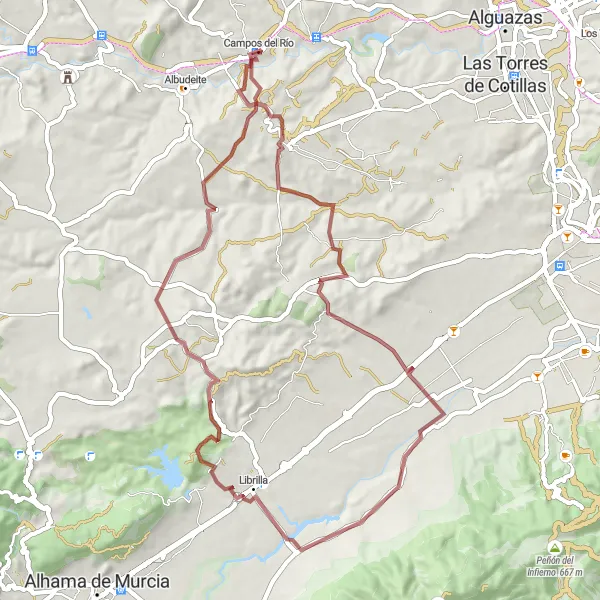 Karten-Miniaturansicht der Radinspiration "Gravel-Abenteuer ab Campos del Río" in Región de Murcia, Spain. Erstellt vom Tarmacs.app-Routenplaner für Radtouren