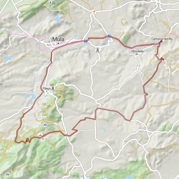 Miniature de la carte de l'inspiration cycliste "Campos del Río - Albudeite Gravel Ride" dans la Región de Murcia, Spain. Générée par le planificateur d'itinéraire cycliste Tarmacs.app