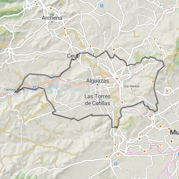 Miniatura della mappa di ispirazione al ciclismo "Giro in bicicletta da Campos del Río" nella regione di Región de Murcia, Spain. Generata da Tarmacs.app, pianificatore di rotte ciclistiche