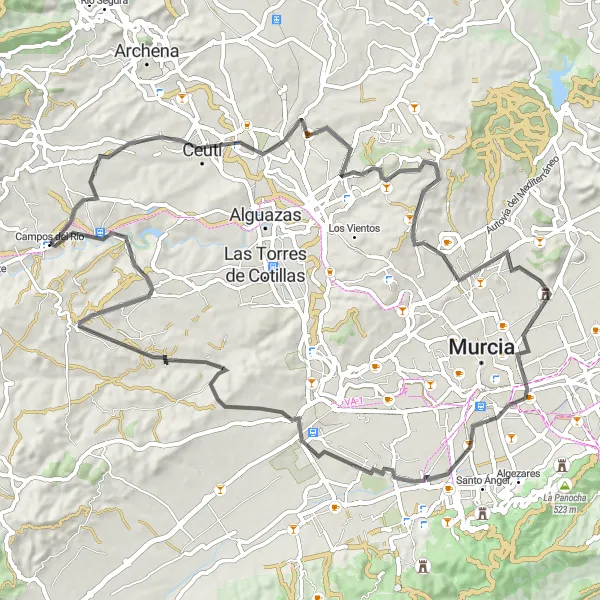 Miniaturní mapa "Okruh kolem Campos del Río" inspirace pro cyklisty v oblasti Región de Murcia, Spain. Vytvořeno pomocí plánovače tras Tarmacs.app