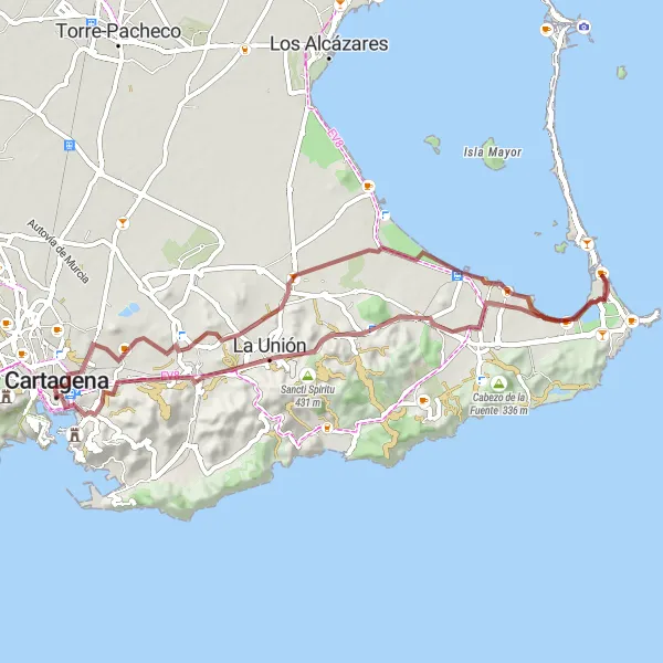 Map miniature of "Gravel Adventure: Cartagena and its Surroundings" cycling inspiration in Región de Murcia, Spain. Generated by Tarmacs.app cycling route planner