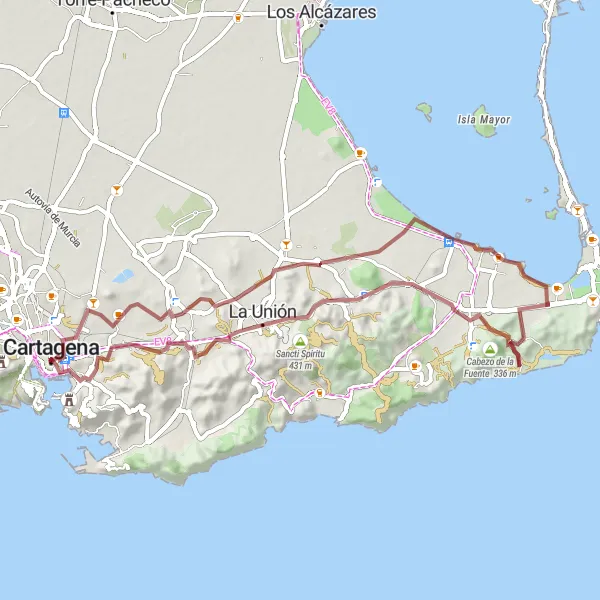 Map miniature of "Gravel Adventure to Submarine Peral" cycling inspiration in Región de Murcia, Spain. Generated by Tarmacs.app cycling route planner