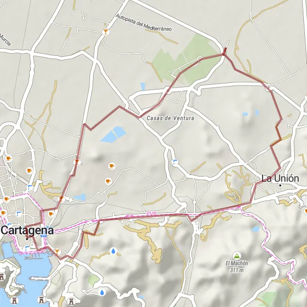 Miniaturní mapa "Gravel Tour de Cartagena" inspirace pro cyklisty v oblasti Región de Murcia, Spain. Vytvořeno pomocí plánovače tras Tarmacs.app