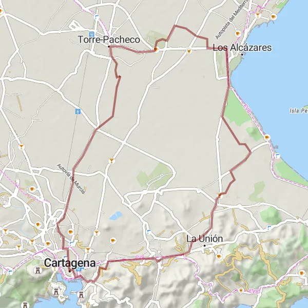 Miniatura della mappa di ispirazione al ciclismo "Avventura nel Barrio del foro Romano e Torre-Pacheco" nella regione di Región de Murcia, Spain. Generata da Tarmacs.app, pianificatore di rotte ciclistiche