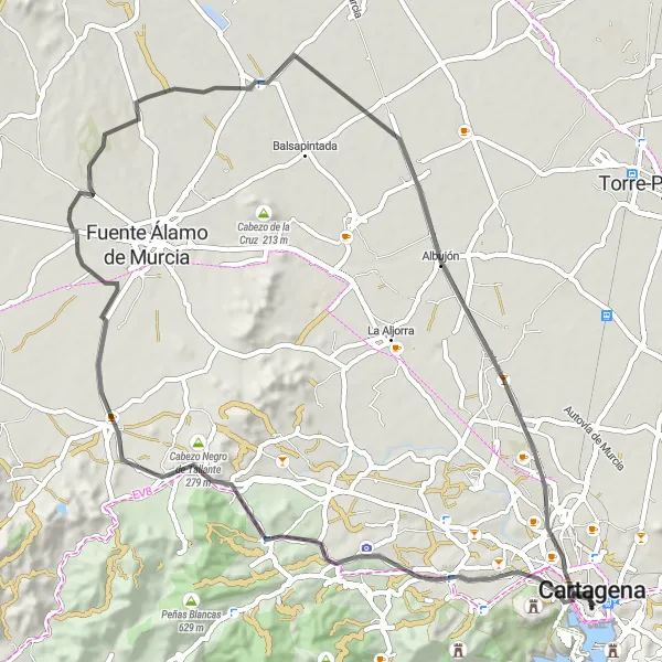 Miniatua del mapa de inspiración ciclista "Ruta Escénica hacia el Castillito de los Dolores" en Región de Murcia, Spain. Generado por Tarmacs.app planificador de rutas ciclistas