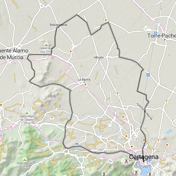 Karten-Miniaturansicht der Radinspiration "Historischer Roadtrip um Cartagena" in Región de Murcia, Spain. Erstellt vom Tarmacs.app-Routenplaner für Radtouren