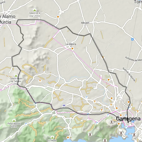 Miniatua del mapa de inspiración ciclista "Ruta en bicicleta de carretera - Cartagena a Villa Esperanza" en Región de Murcia, Spain. Generado por Tarmacs.app planificador de rutas ciclistas