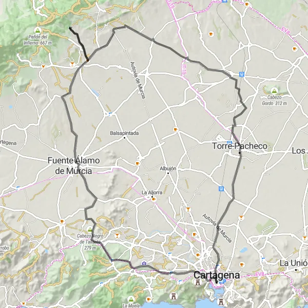 Map miniature of "Saddle Up for Coastal Cliffs and Charming Towns" cycling inspiration in Región de Murcia, Spain. Generated by Tarmacs.app cycling route planner