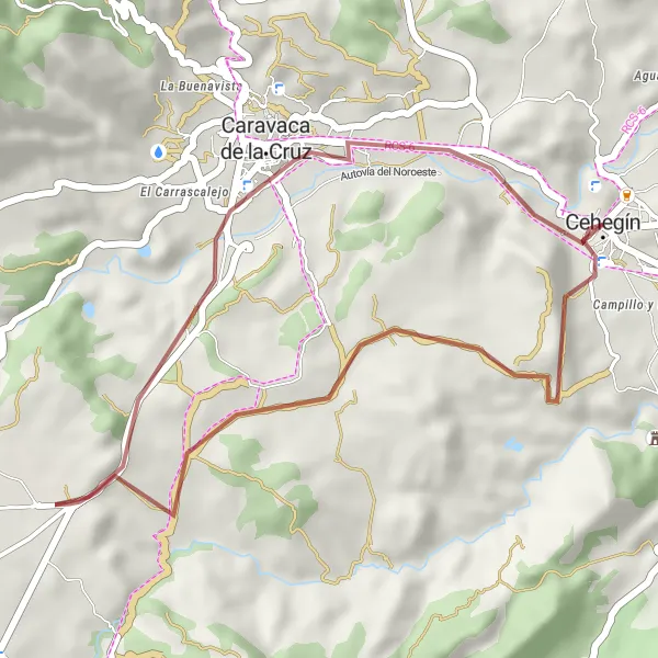 Miniature de la carte de l'inspiration cycliste "Escapade entre Cehegín et Caravaca de la Cruz" dans la Región de Murcia, Spain. Générée par le planificateur d'itinéraire cycliste Tarmacs.app