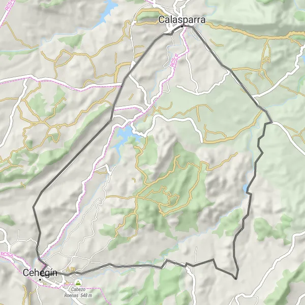 Miniatura mapy "Skrótowa trasa rowerowa w okolicy Cehegín" - trasy rowerowej w Región de Murcia, Spain. Wygenerowane przez planer tras rowerowych Tarmacs.app