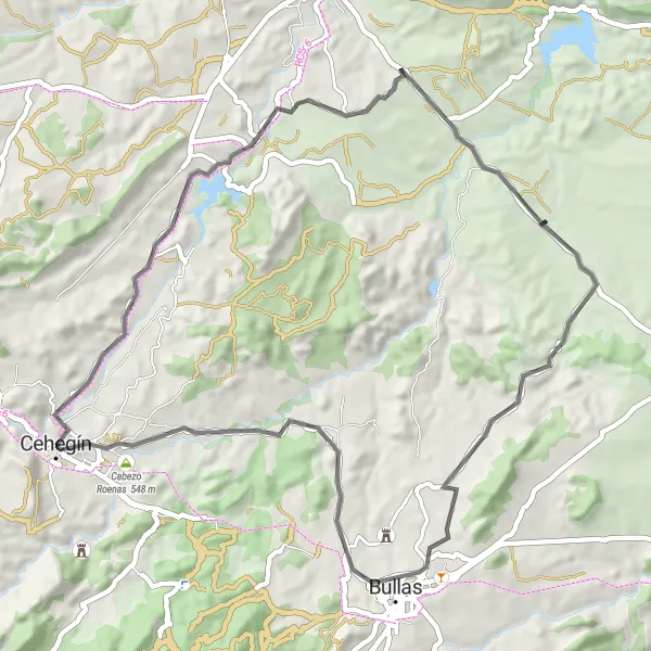 Miniatura della mappa di ispirazione al ciclismo "Giro in bicicletta tra Cehegín e Cabezo Roenas" nella regione di Región de Murcia, Spain. Generata da Tarmacs.app, pianificatore di rotte ciclistiche