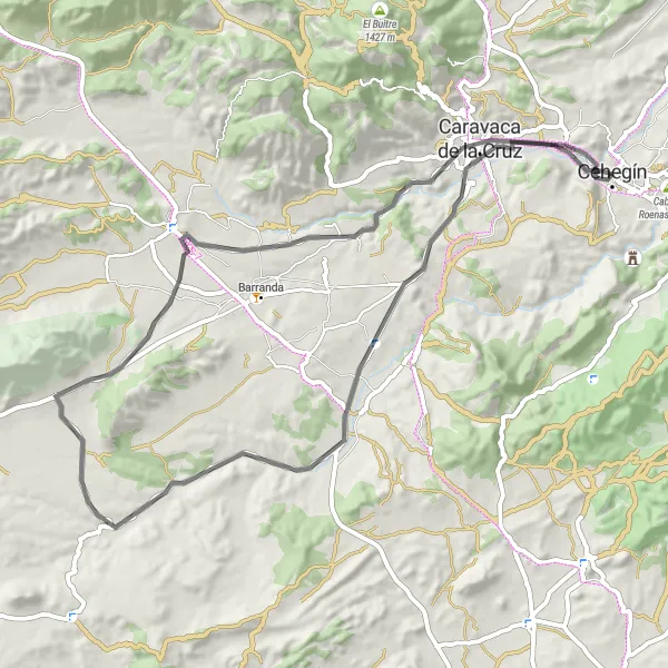 Map miniature of "Cehegín - Caravaca de la Cruz Loop" cycling inspiration in Región de Murcia, Spain. Generated by Tarmacs.app cycling route planner