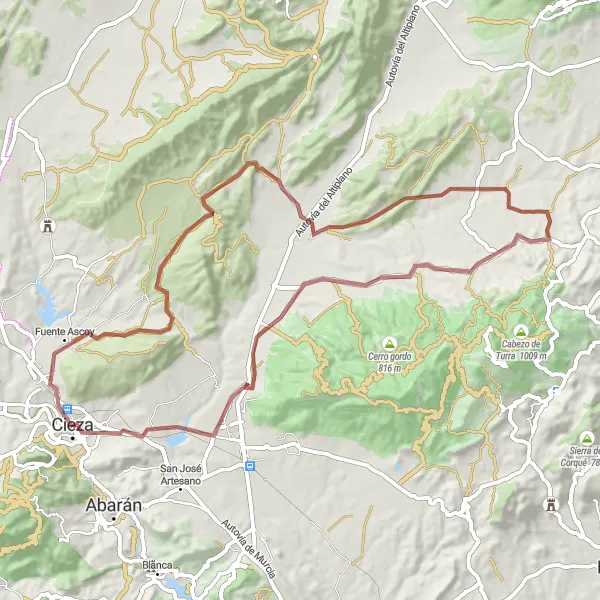 Miniature de la carte de l'inspiration cycliste "Les collines de Cieza en gravier" dans la Región de Murcia, Spain. Générée par le planificateur d'itinéraire cycliste Tarmacs.app