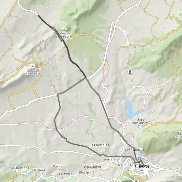 Miniature de la carte de l'inspiration cycliste "Route de Cieza à travers les montagnes" dans la Región de Murcia, Spain. Générée par le planificateur d'itinéraire cycliste Tarmacs.app