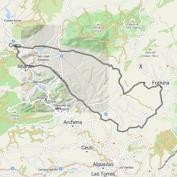 Miniaturní mapa "Asfaltová jízda s výstupem na 739 metrů" inspirace pro cyklisty v oblasti Región de Murcia, Spain. Vytvořeno pomocí plánovače tras Tarmacs.app