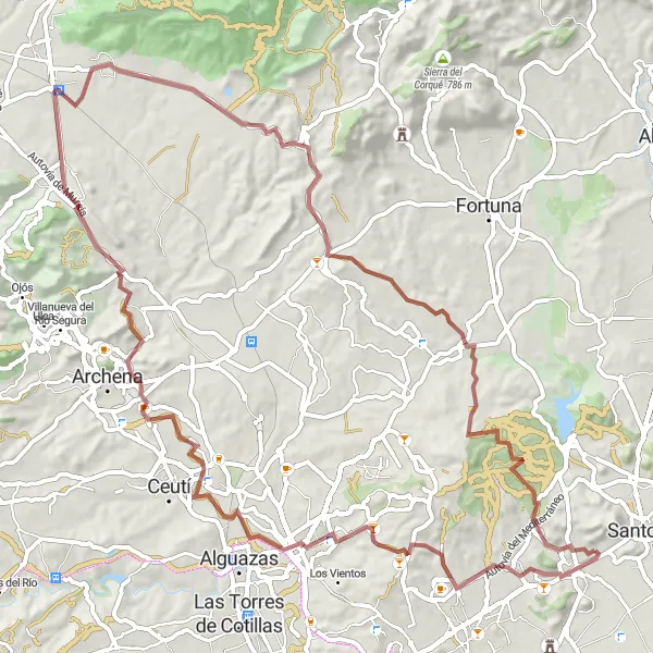 Miniature de la carte de l'inspiration cycliste "Les collines de Murcie en gravier" dans la Región de Murcia, Spain. Générée par le planificateur d'itinéraire cycliste Tarmacs.app