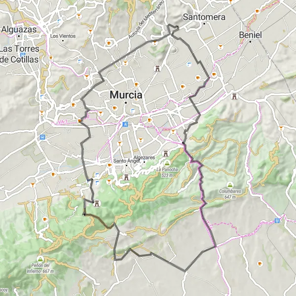 Map miniature of "The Scenic Road Trip" cycling inspiration in Región de Murcia, Spain. Generated by Tarmacs.app cycling route planner