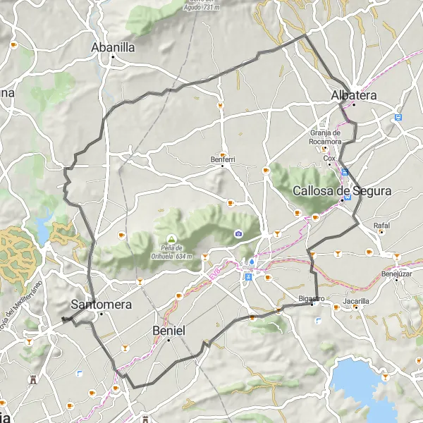 Map miniature of "Albatera Road Cycling Loop via Pico Bermejo and Bigastro" cycling inspiration in Región de Murcia, Spain. Generated by Tarmacs.app cycling route planner