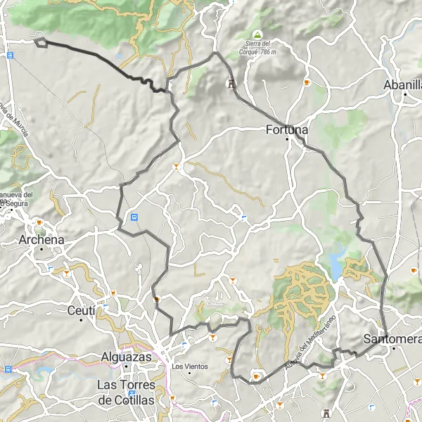 Miniatua del mapa de inspiración ciclista "Viaje escénico por la carretera en Murcia" en Región de Murcia, Spain. Generado por Tarmacs.app planificador de rutas ciclistas