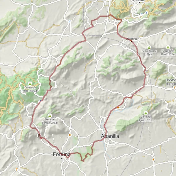 Map miniature of "Fortuna to Algueña Gravel Route" cycling inspiration in Región de Murcia, Spain. Generated by Tarmacs.app cycling route planner