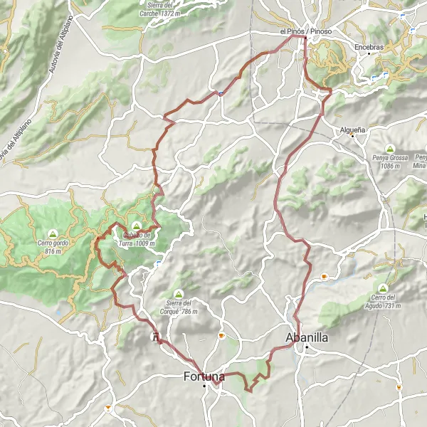Map miniature of "Fortuna to el Pinós Gravel Route" cycling inspiration in Región de Murcia, Spain. Generated by Tarmacs.app cycling route planner