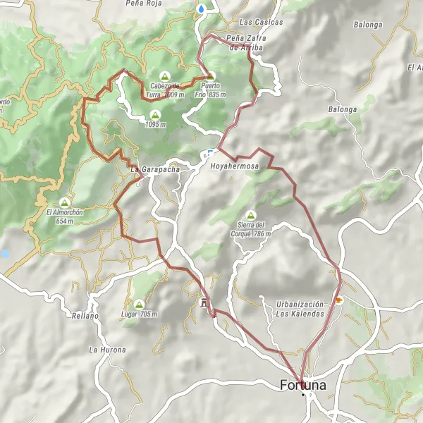 Miniature de la carte de l'inspiration cycliste "Sentier de montagne à Fortuna" dans la Región de Murcia, Spain. Générée par le planificateur d'itinéraire cycliste Tarmacs.app