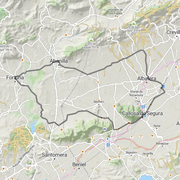 Miniatura della mappa di ispirazione al ciclismo "Giro in bicicletta Fortuna - Abanilla - San Isidro - El Escorratel" nella regione di Región de Murcia, Spain. Generata da Tarmacs.app, pianificatore di rotte ciclistiche