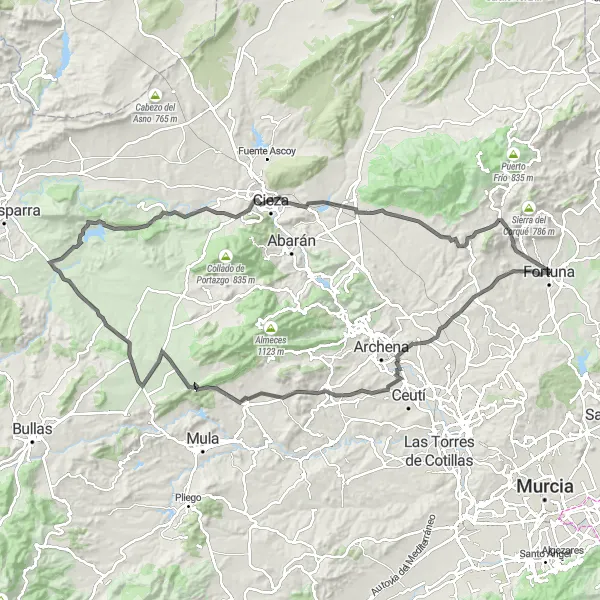 Map miniature of "Fortuna and La Atalaya Challenge" cycling inspiration in Región de Murcia, Spain. Generated by Tarmacs.app cycling route planner