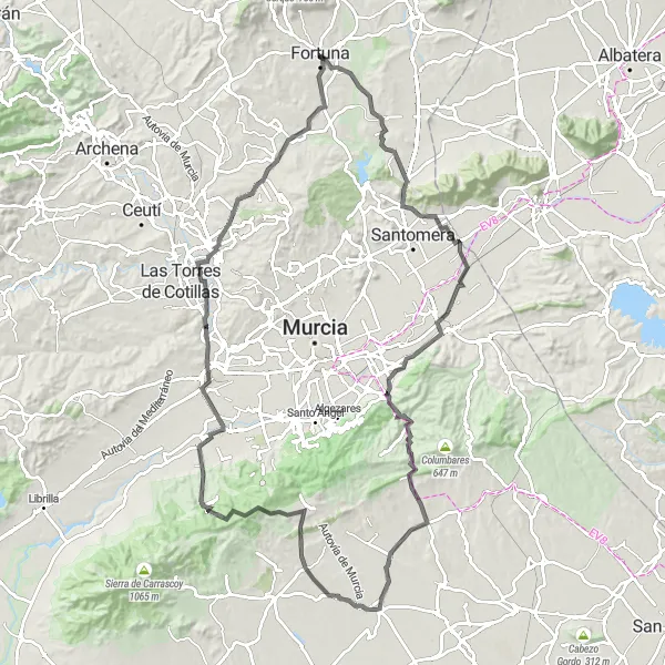 Map miniature of "Fortuna and Norias Gemelas Loop" cycling inspiration in Región de Murcia, Spain. Generated by Tarmacs.app cycling route planner